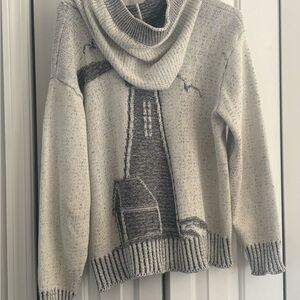 Binghamton Cozy nautical Cream and navy button down Hooded Sweater runs large